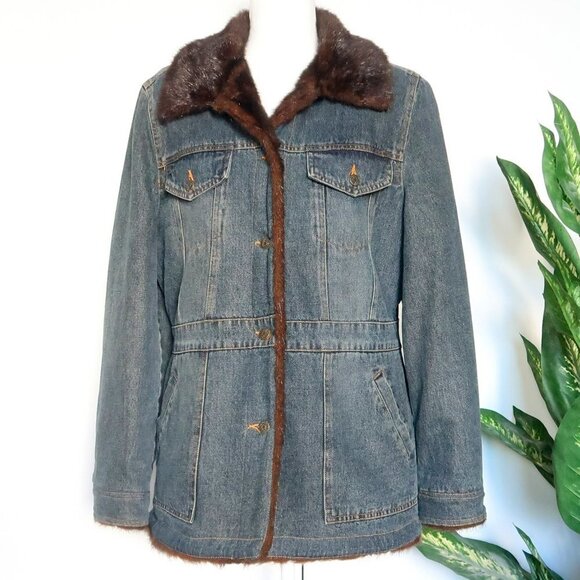 Marvin Richards Washed Blue Denim Jean & Brown Vegan Fur Jacket XL